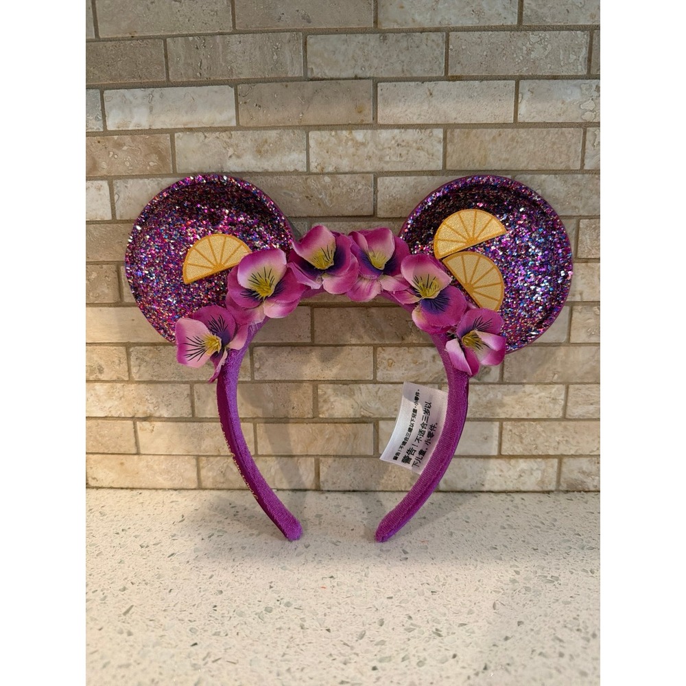 Disney Parks Purple Glitter Minnie Mouse Ears Headband Floral Lemon Slice